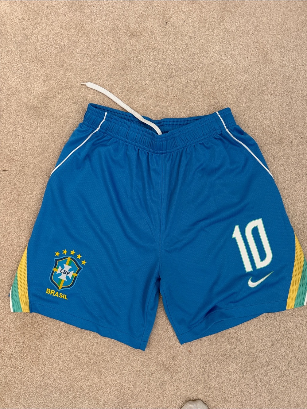 Nike Blue Brazil Soccer Shorts with Yellow & Green Accents - #10